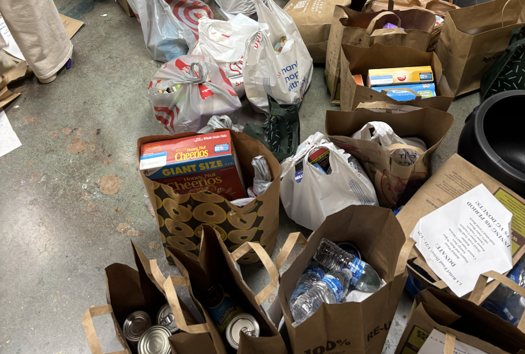 Collected items from fifth period classes are gathered in the ASB room, ready to be delivered to the distribution center. The Los Angeles Wildfire Relief Drive took place from Jan. 21 to 29. Photo courtesy of Henri Tanghe.